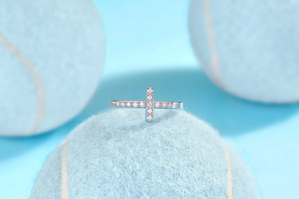 Holy Light Cross moissanite wedding ring set in S925 silver with gold plating on white background