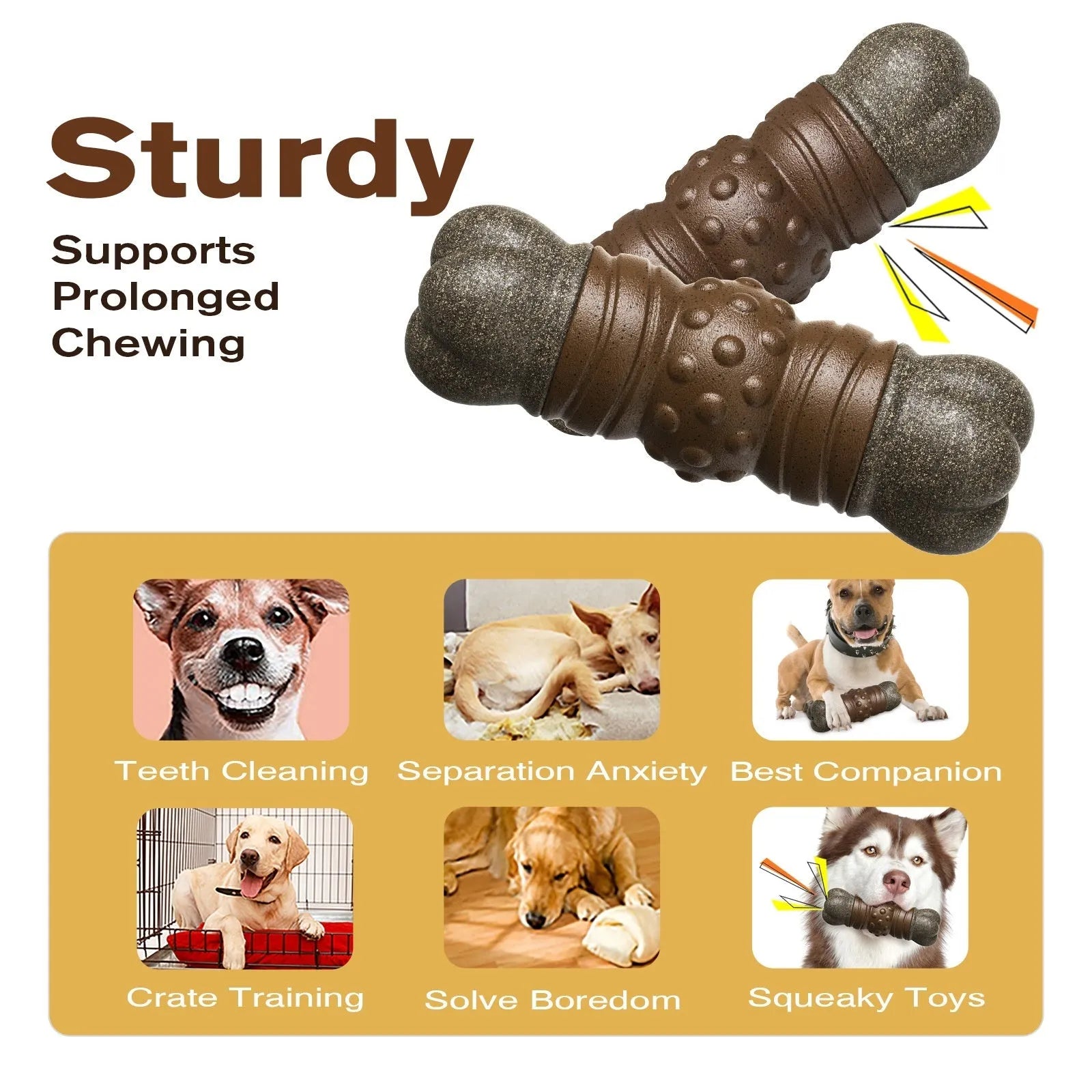 Wood coloured plastic dog bone toy with textured molar cleaning rods and a squeaker.