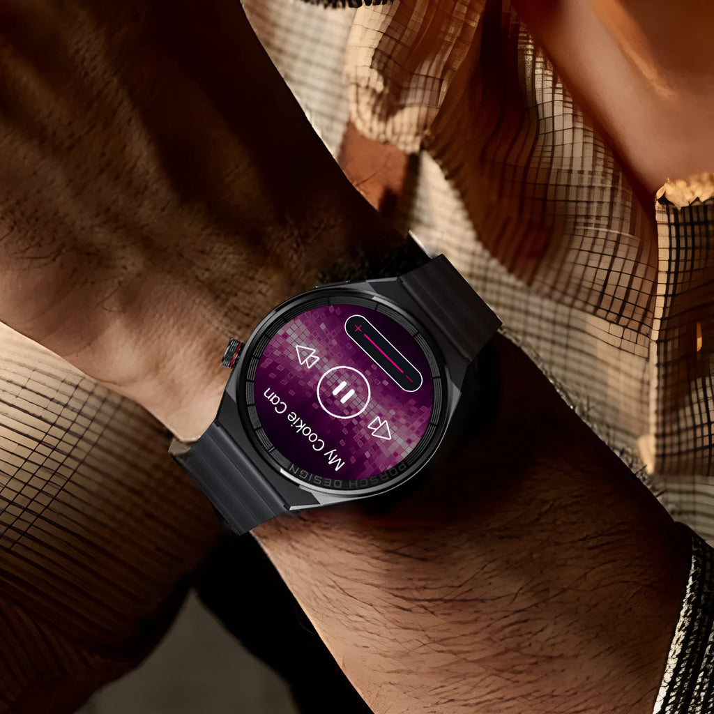 Black and silver smartwatch with offline payment, Bluetooth call, and fitness tracking on a 1.39-inch screen.