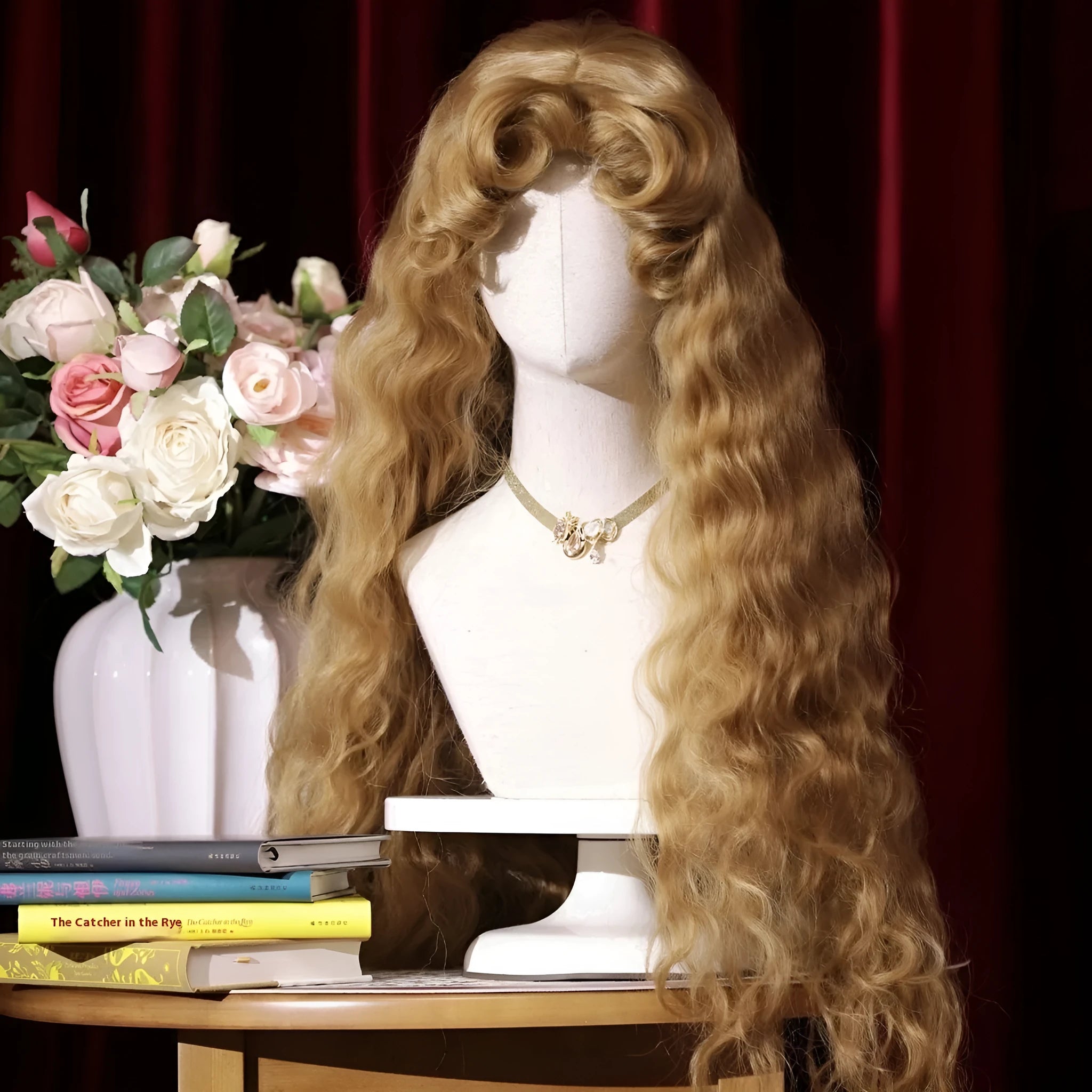 French Fluffy Small Curls Lolita Long Wig in French Golden Brown with hairnet, high temperature fibre, retro style