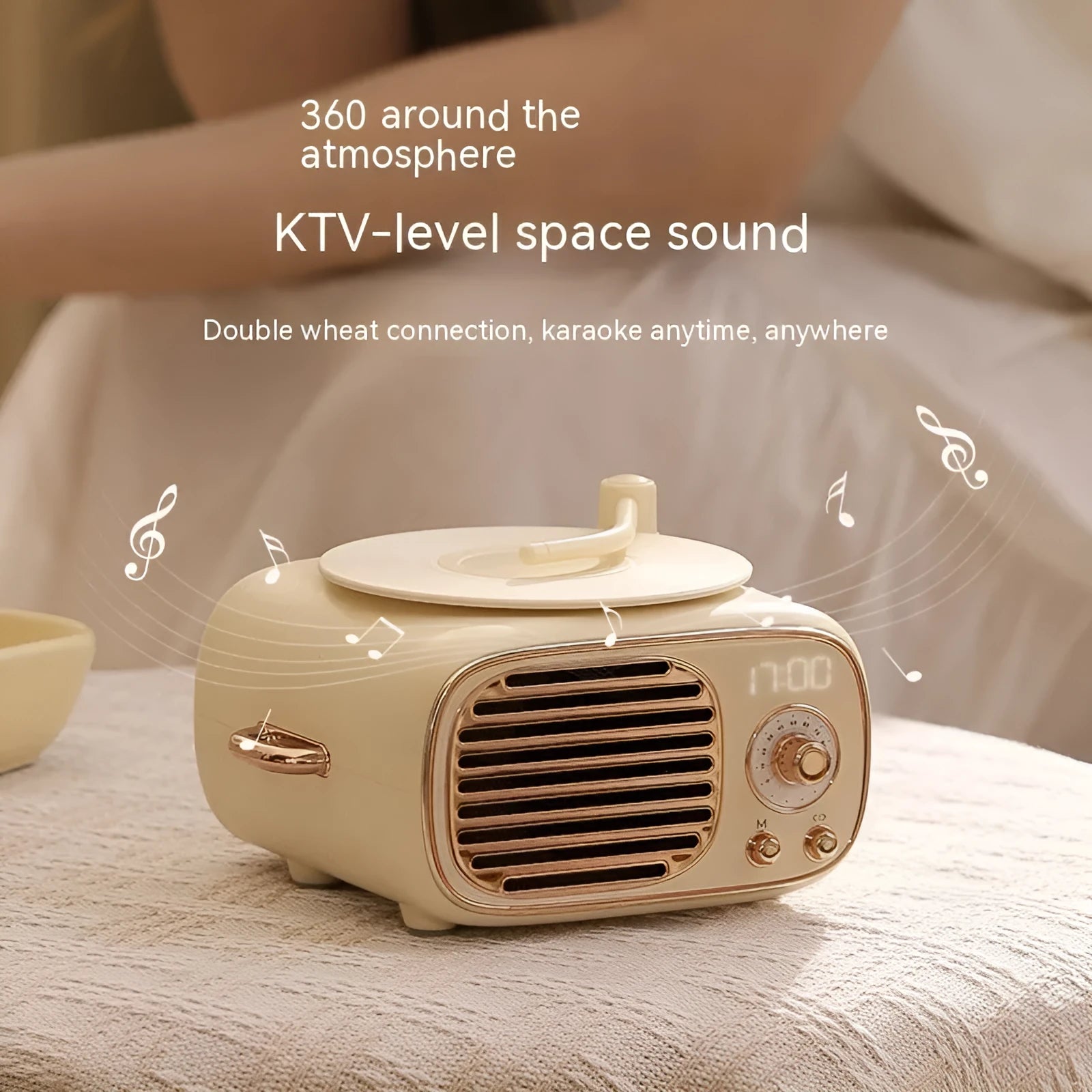 Retro multi-function Bluetooth microphone stereo in transparent green with compact 85x95x55mm design and alarm clock display