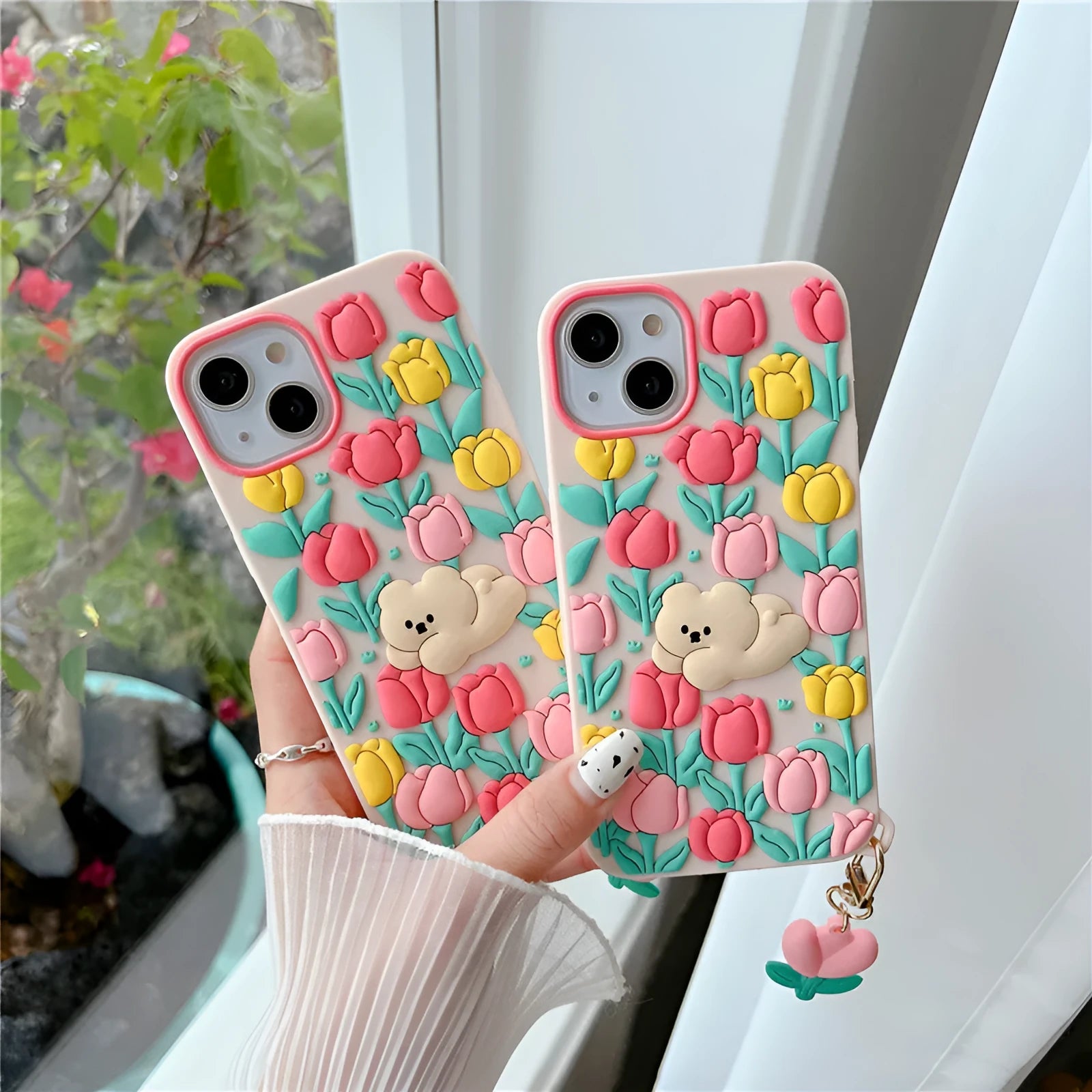 Creative cartoon little bear flowers silicone phone case with tulip pendant in pink for Apple iPhone