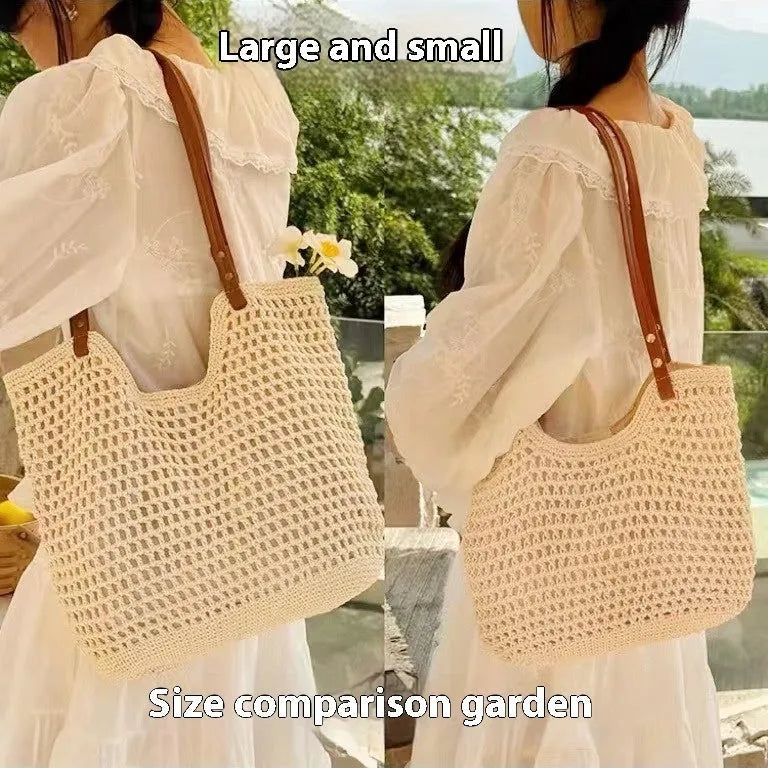 Beige woven cotton linen shoulder bag with spacious interior for beach holidays