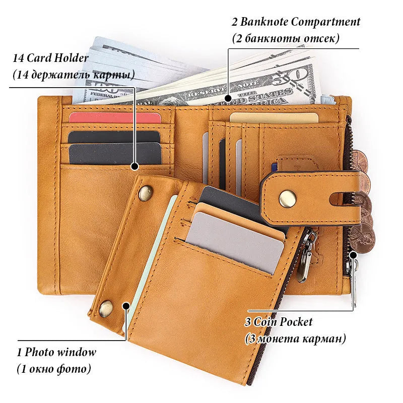 Men's genuine leather tri-fold wallet in brown with anti-theft RFID blocking, retro style, multiple card slots