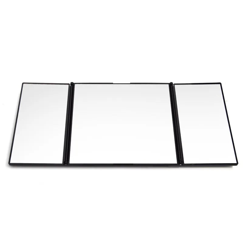 Silver car folding makeup mirror shown closed at 15.5cm and opened to 30.5cm wide.