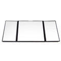 Silver car folding makeup mirror shown closed at 15.5cm and opened to 30.5cm wide.
