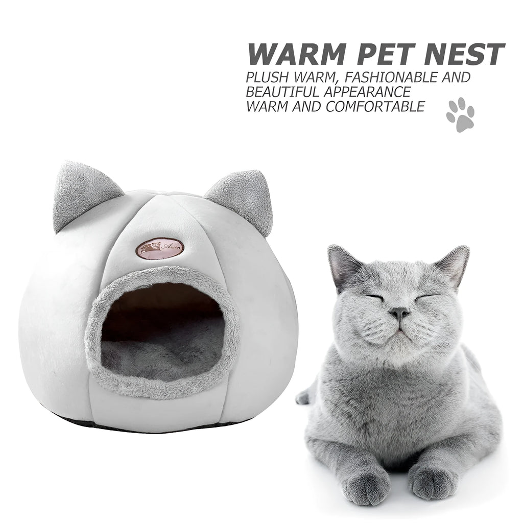 Fully enclosed plush cat winter nest sofa bed with removable cushion, shown in grey
