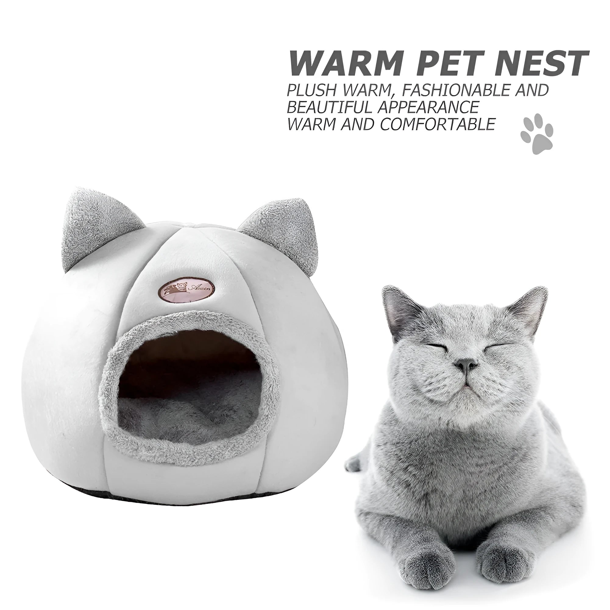 Fully enclosed plush cat winter nest sofa bed with removable cushion, shown in grey