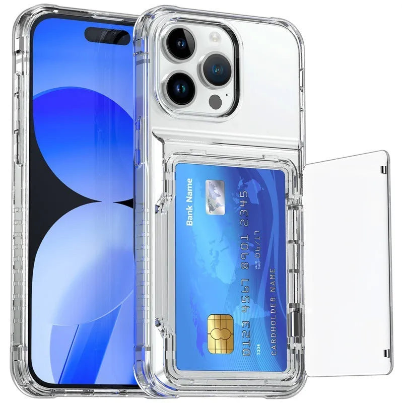 Transparent TPU PC phone case with flip card holder and card inserted on a white background