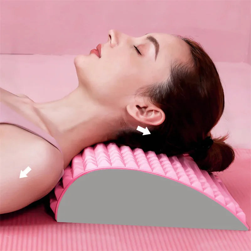 Blue EVA foam back stretcher pillow for lumbar and neck support measuring 33cm long