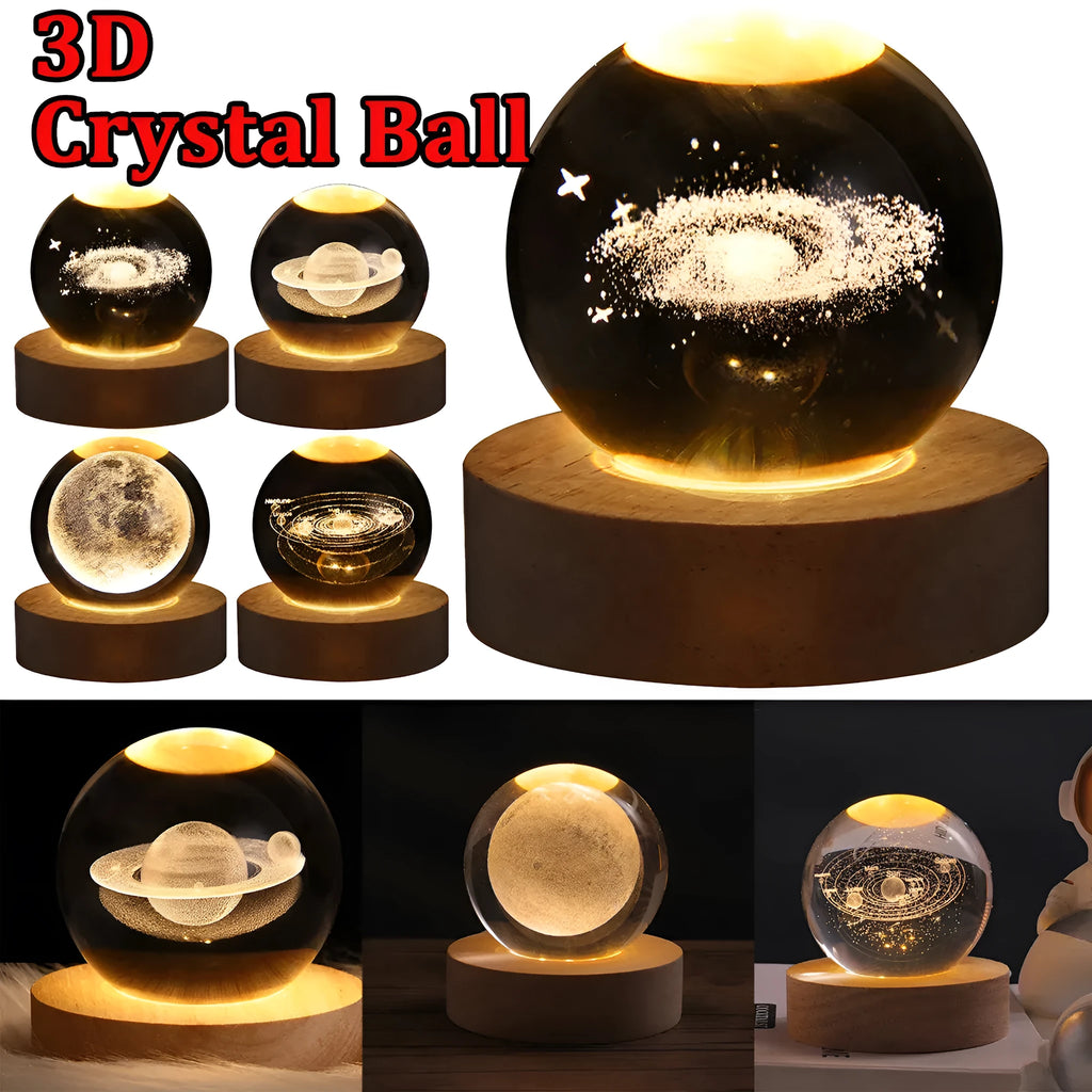 6cm galaxy crystal ball LED night light showing 3D planet patterns with USB power cable