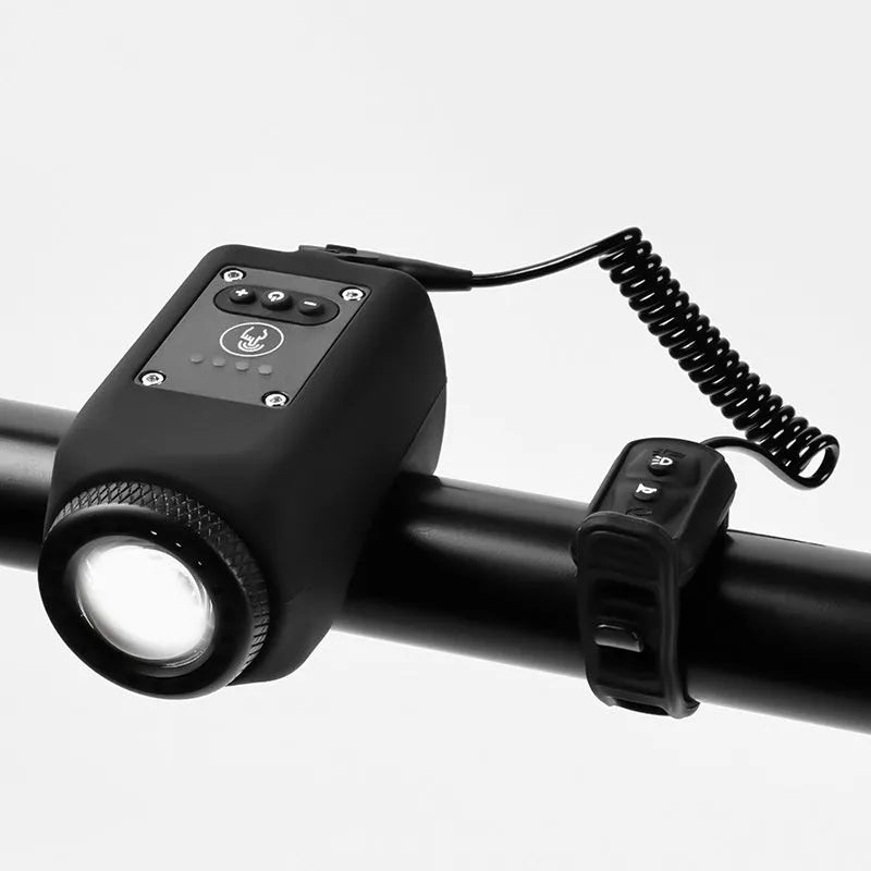 High decibel bicycle horn light with 110dB speaker, 250 lumens, IPX5 waterproof rating, USB rechargeable, on handlebars