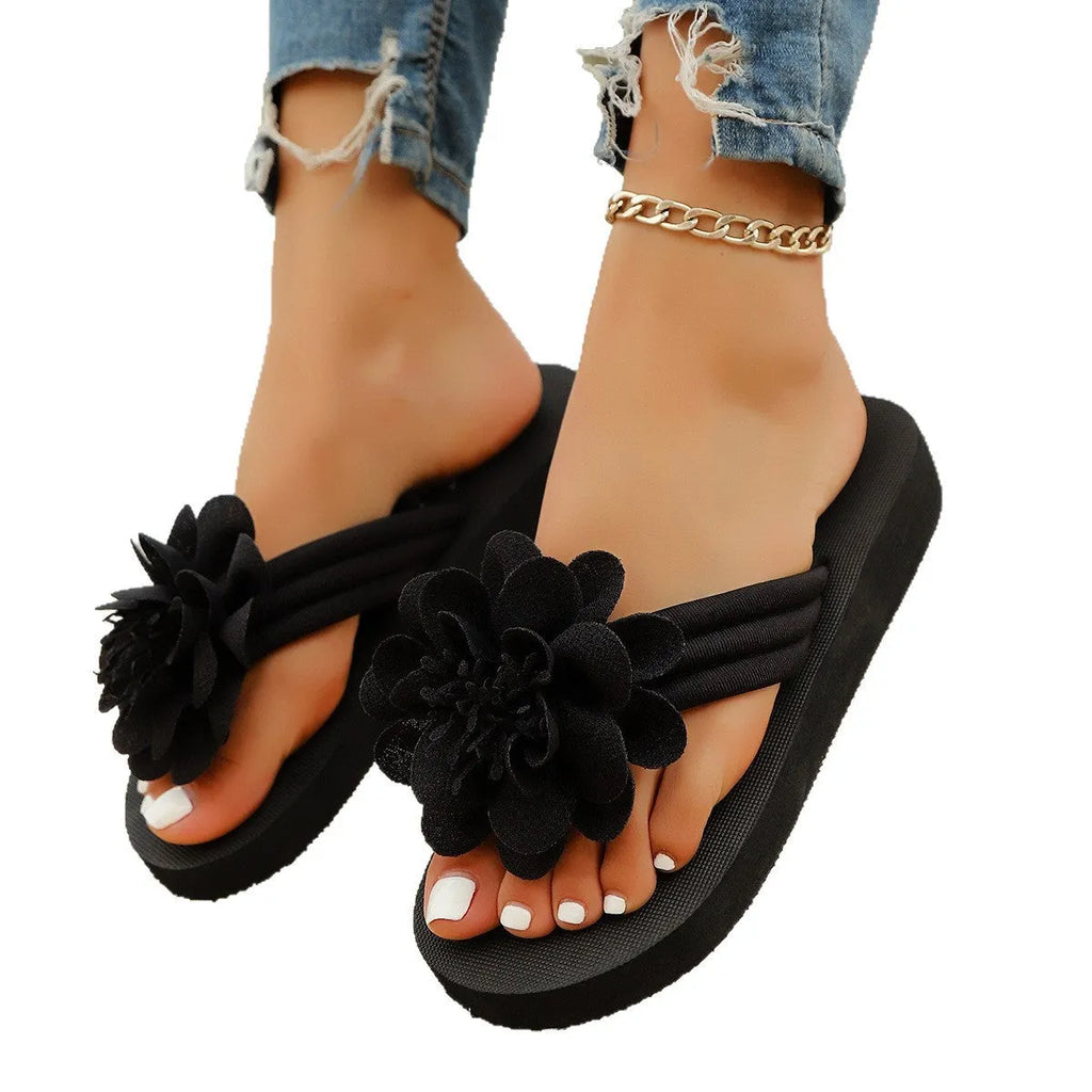 Floral pattern flip-flop beach shoes with EVA sole in beige, red, black or green colours