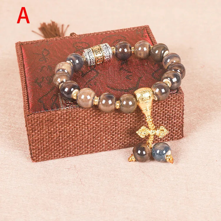 Men's gradient coloured glaze ceramic bracelet with Yonghe blessing charm and polished beads.