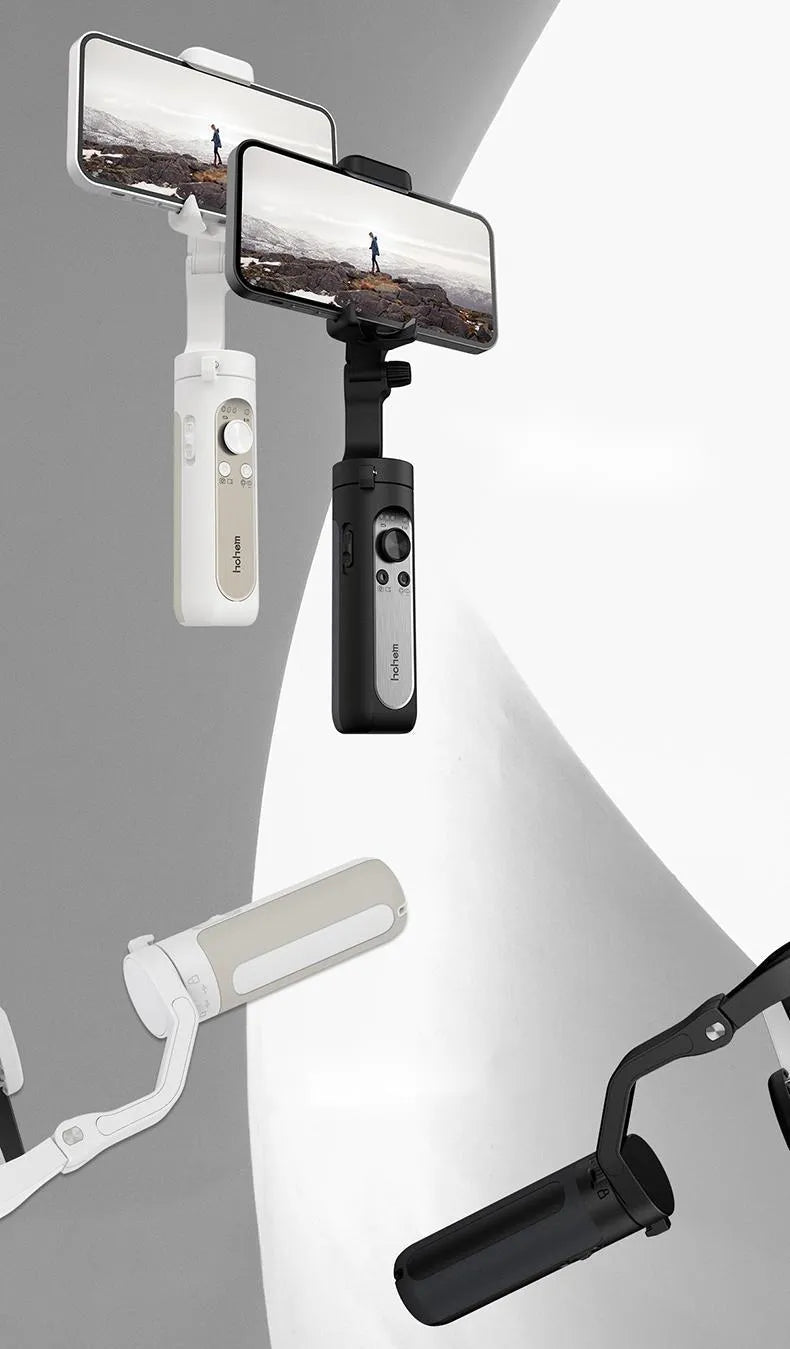 Black or white 3‑axle foldable phone stabiliser showing compact 179mm size and USB port.
