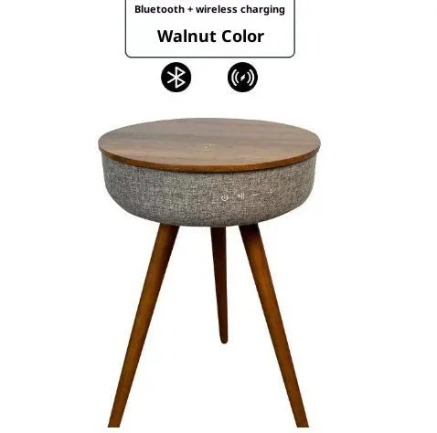Light smart corner table in walnut wood finish with built-in Bluetooth speaker and wireless charging surface