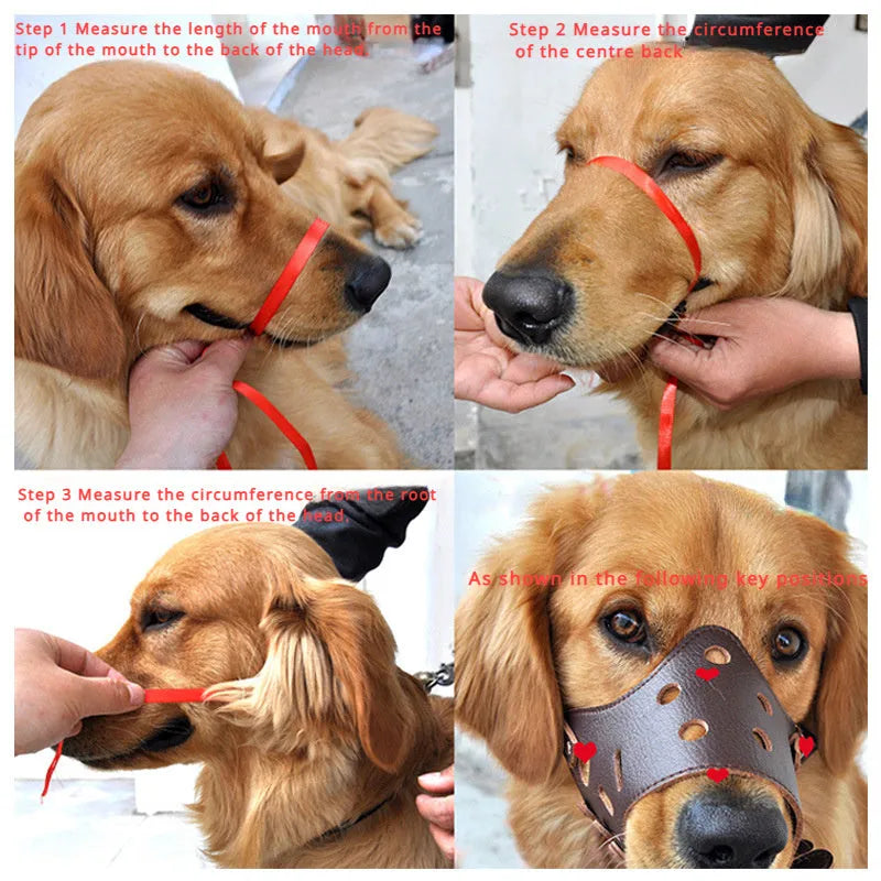 Adjustable dog muzzle silencer in black or brown showing anti-barking and bite prevention design for small to large dogs