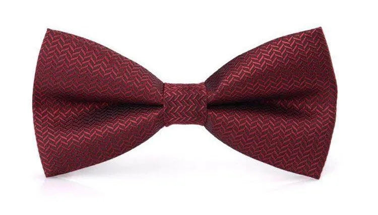 Men's printed polyester flat head bow tie in black stripe, dark blue dot, or light blue stripe for wedding and formal wear