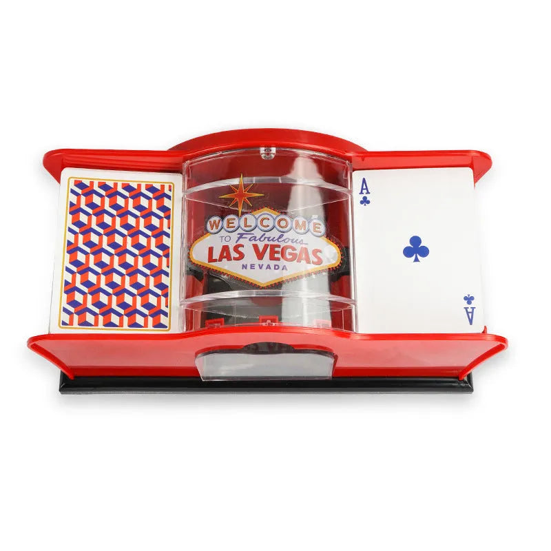 Black and red manual hand-crank card shuffler machine for casino games on a table.