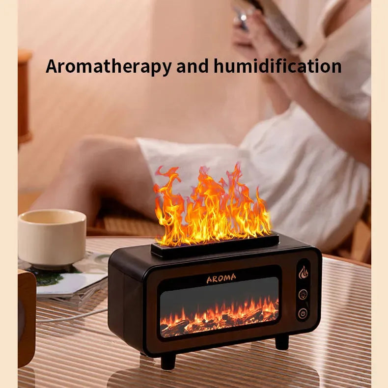 Black ultrasonic flame humidifier 200ml with 3D fireplace effect and 7-colour LED light, 210*80*118mm