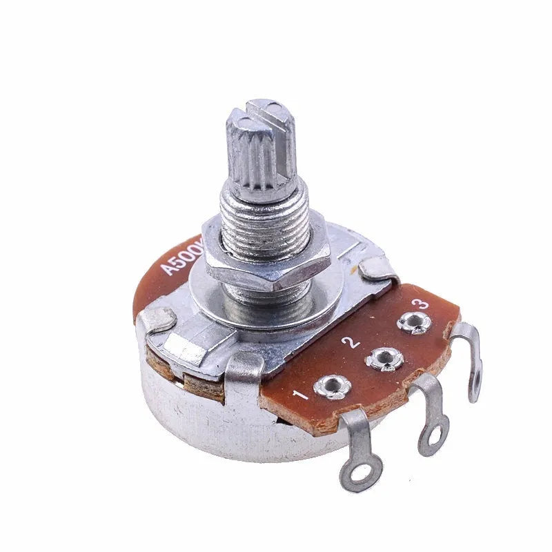 A single metal potentiometer knob for an electric guitar, shown in a choice of four resistance values.