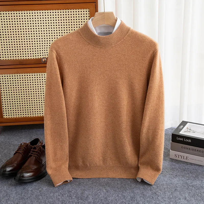 Men's half-collar loose fit wool sweater in a range of colours including black, brown, camel, grey, blue, and red.