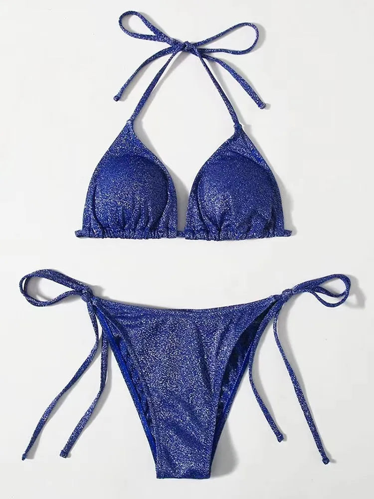 Women's split bandage style bikini swimsuit in polyester fabric on a mannequin.