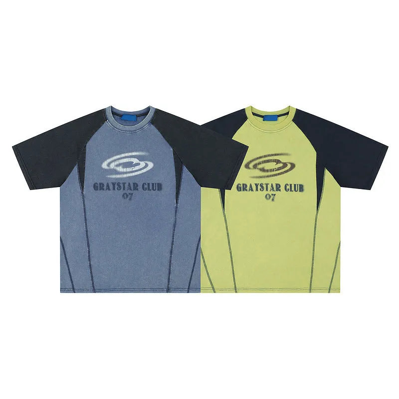 Men's blue hip hop letter print t-shirt with raglan sleeves on a hanger