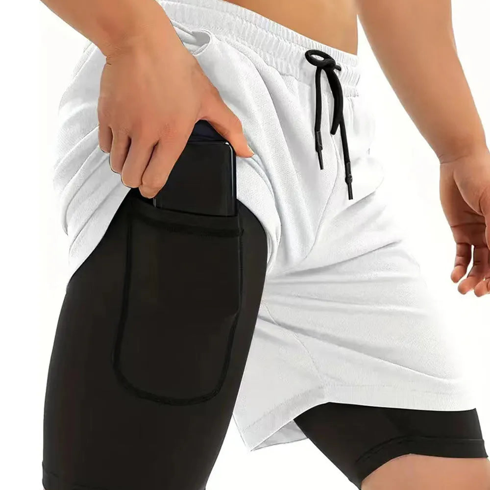 Men's camouflage pattern double-layer sports shorts in quick-dry fabric on a plain background.
