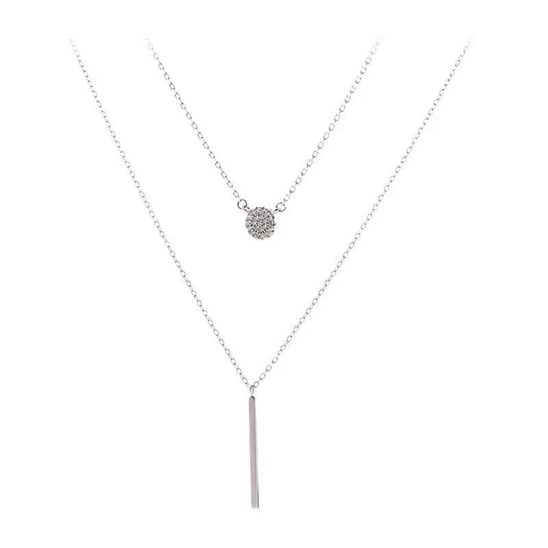 S925 silver double chain long stick pendant necklace with micro pave zircon round stone, white gold colour
