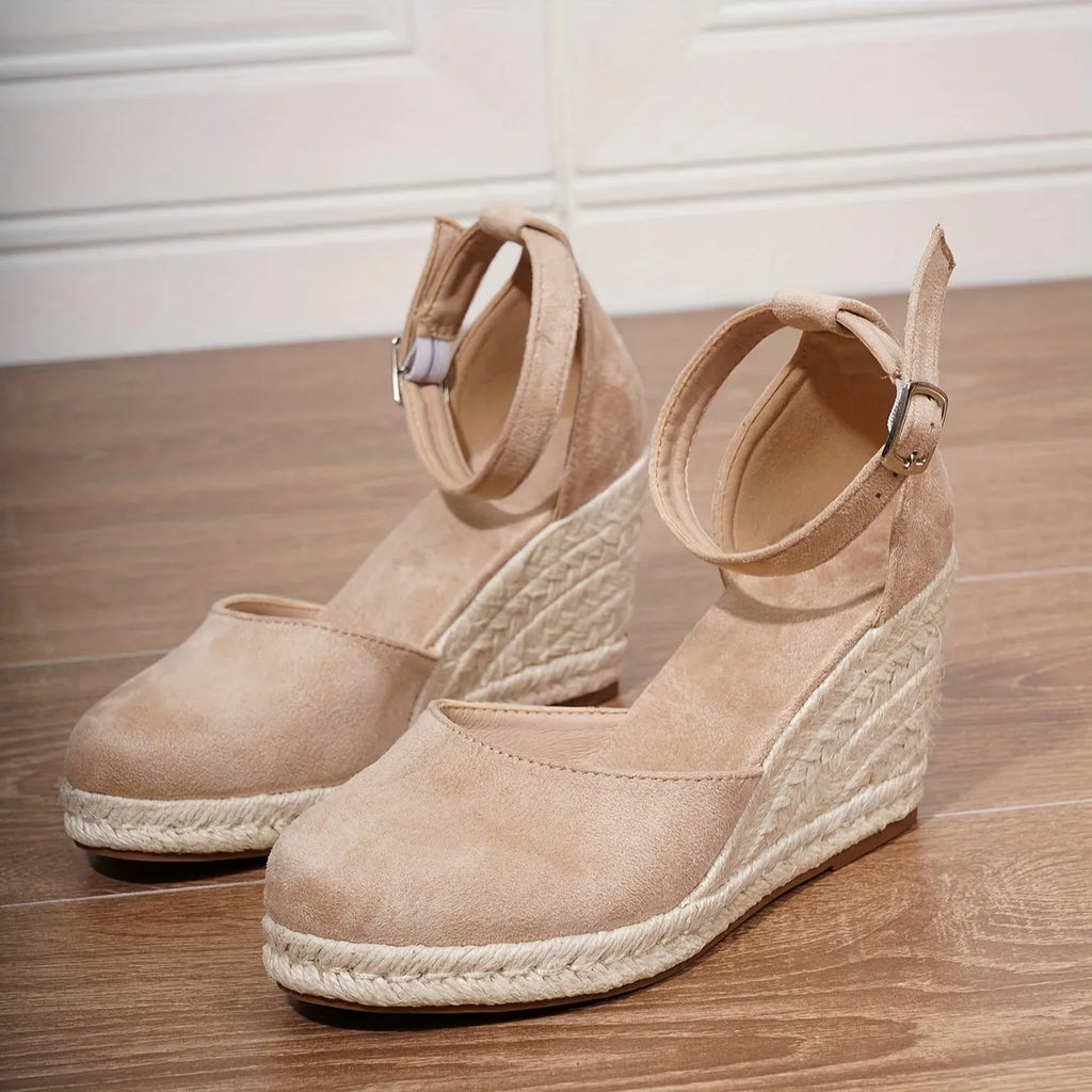 Women's casual canvas wedge sandals in Roman style with buckle fastening