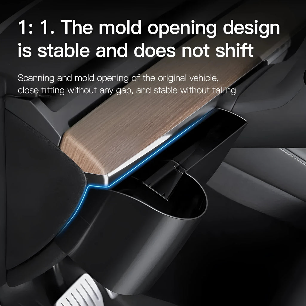 Plastic water cup holder for Tesla Model 3 and Model Y dashboard with a carrying handle.