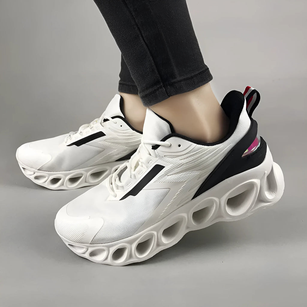 Men's low-top casual sports shoe in black mesh with white sole and lace-up front.