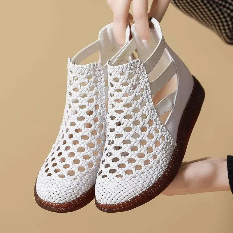 Gold and white women's flat sandals with openwork PU leather uppers and soft soles