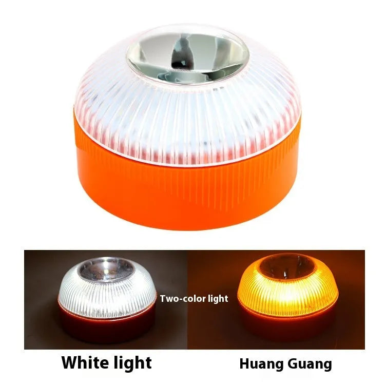 V16 LED emergency warning light with rotating dome and magnetic base on vehicle dashboard
