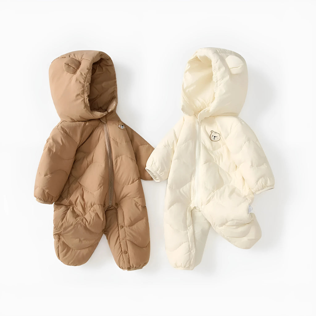 Baby hooded down jumpsuit in beige or brown, polyester, thickened, long sleeve, cartoon print, sizes 66-90cm
