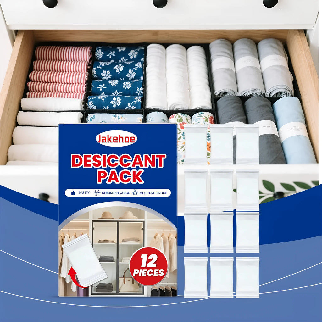 A pack of twelve white calcium chloride desiccant bags for absorbing moisture and preventing odours in wardrobes and cupboards.