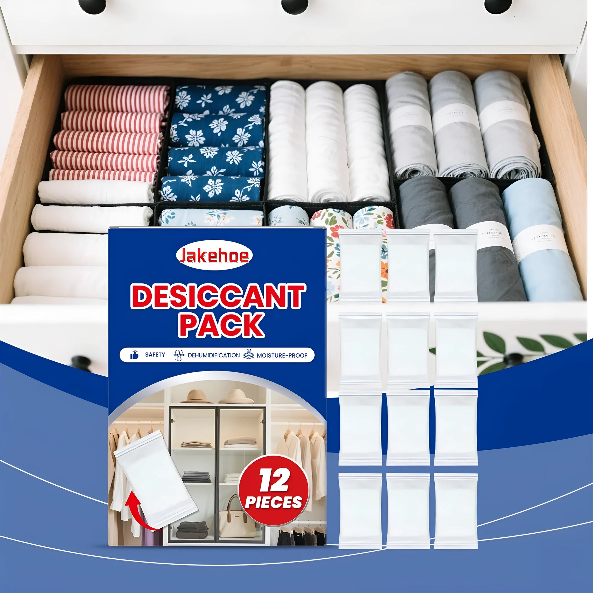 A pack of twelve white calcium chloride desiccant bags for absorbing moisture and preventing odours in wardrobes and cupboards.