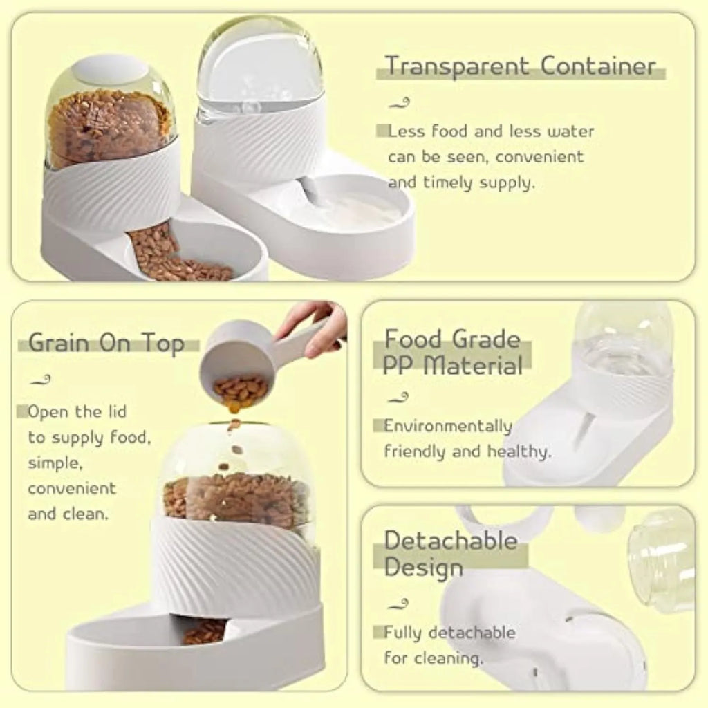 White automatic gravity cat feeder and water dispenser set with wave design.