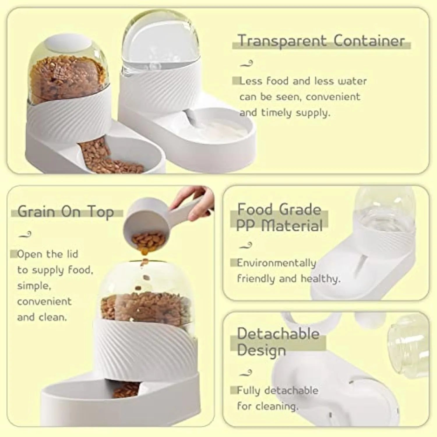 White automatic gravity cat feeder and water dispenser set with wave design.