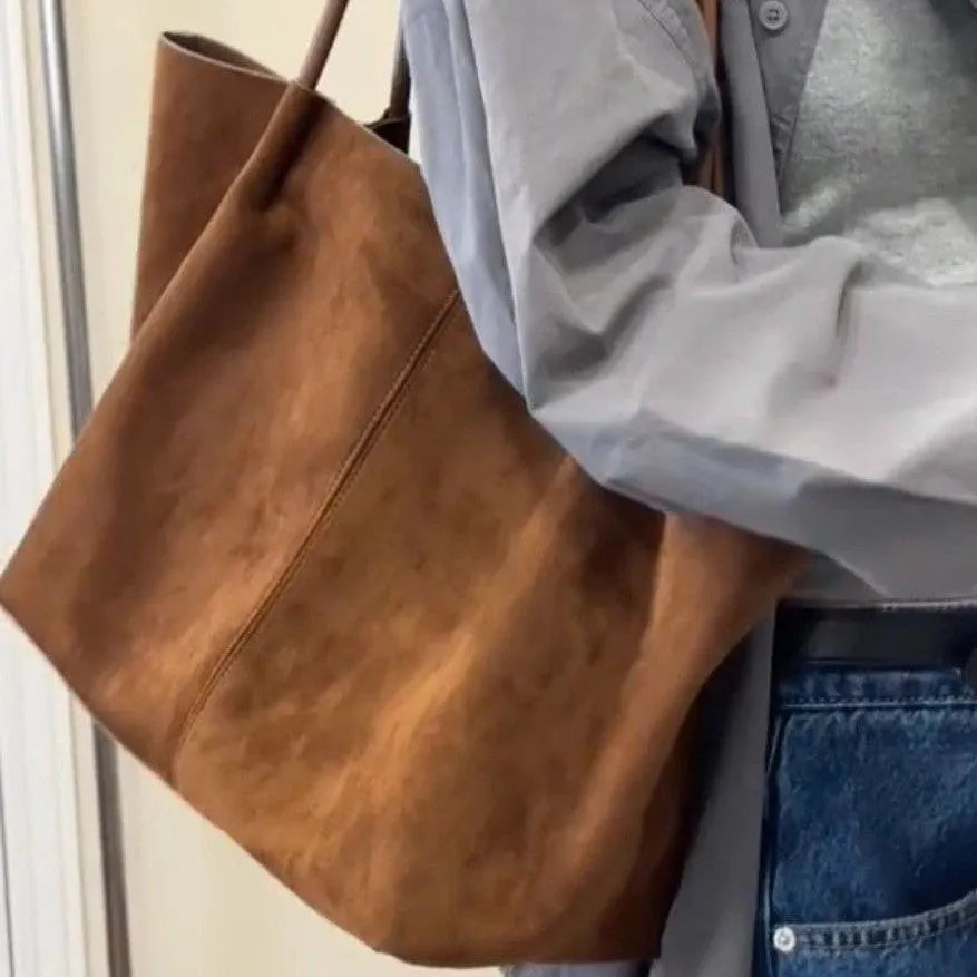 Coffee colour large capacity PU tote bag with double joint shoulder straps and three-dimensional outer pocket for autumn winter commuting