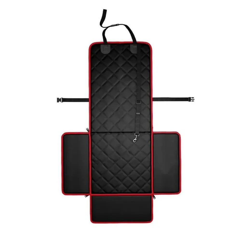 Black car pet pad for dogs on a front seat, showing its non-slip base and 42cm square size.