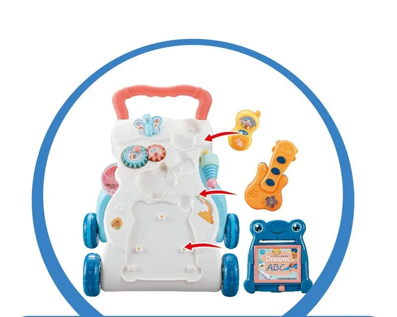 Children's educational multi-functional musical walker trolley with anti-rollover and adjustable speed, plastic build, weight increasing water tank