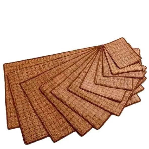 Brown woven rattan dog cooling mat showing open weave pattern for breathability
