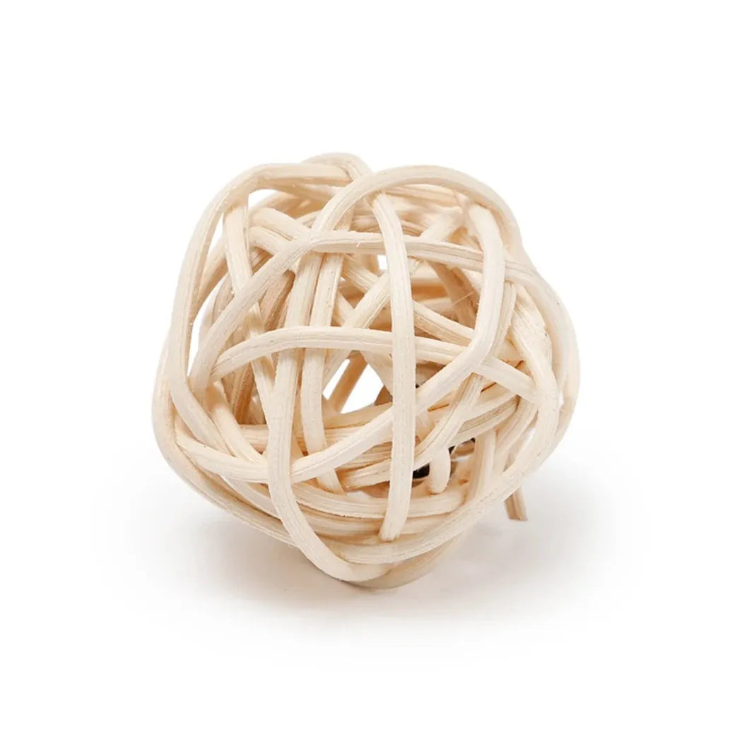 Two cat toys: hollow rattan ball and faux feather ball with bell for interactive pet play