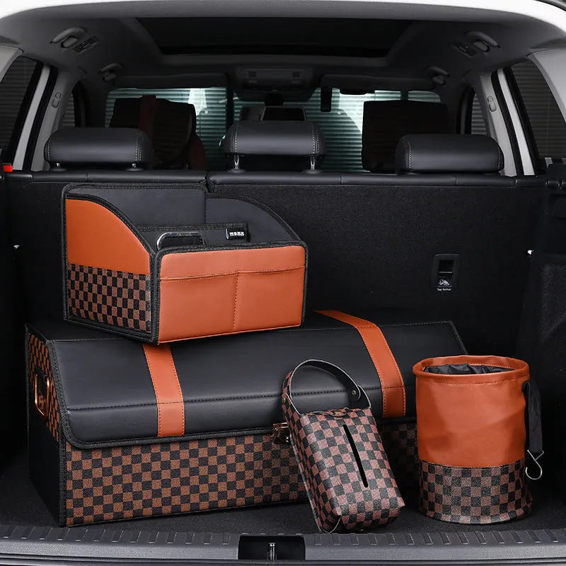 Leather retractable car trash can shown in folding design with carry handle
