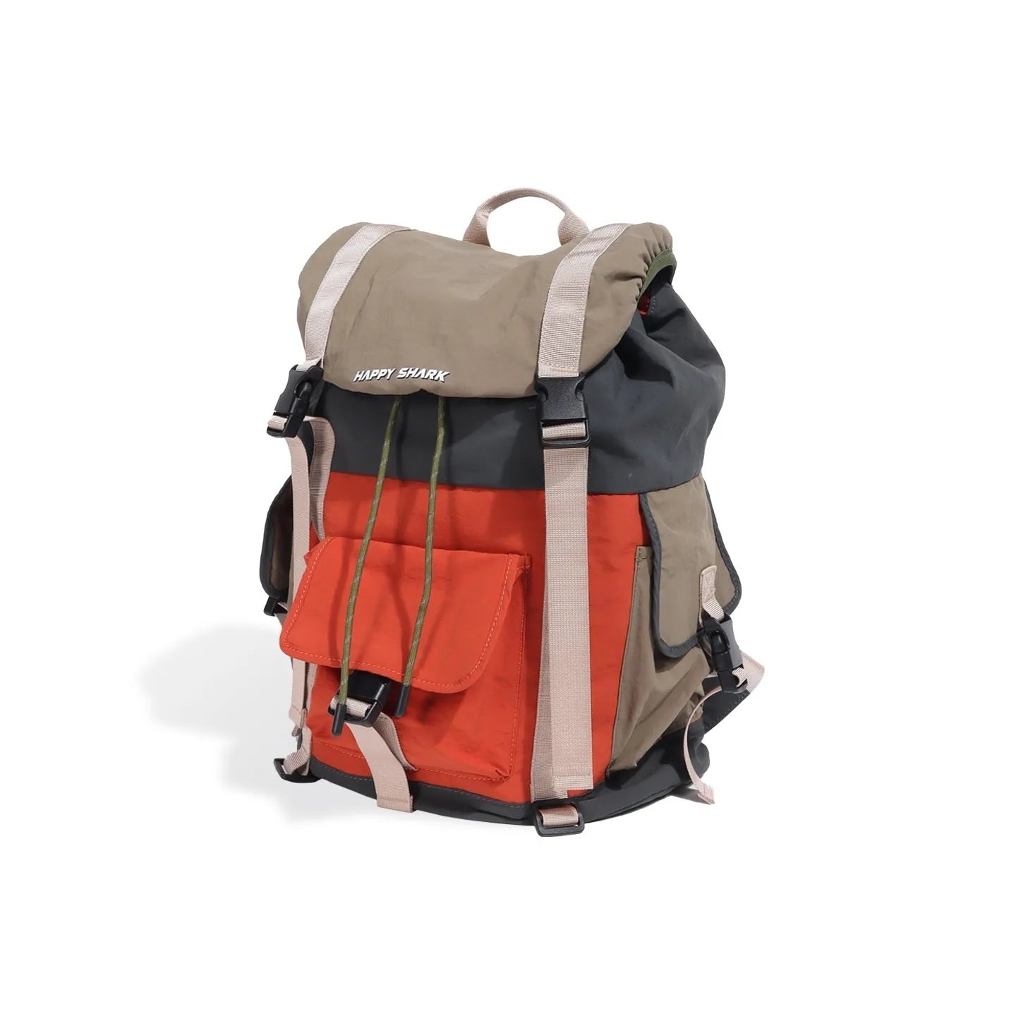 Orange-green contrast colour outdoor backpack with multiple compartments showing 35L capacity