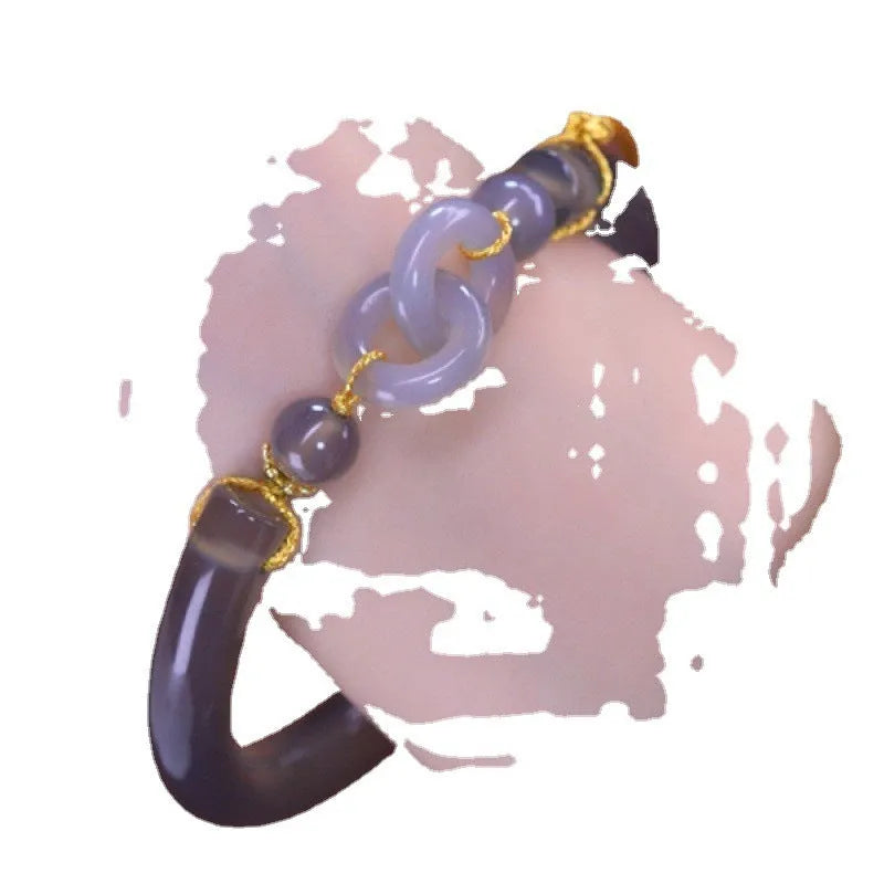 Smoke purple agate half bracelet with ring buckle clasp in grey retro style