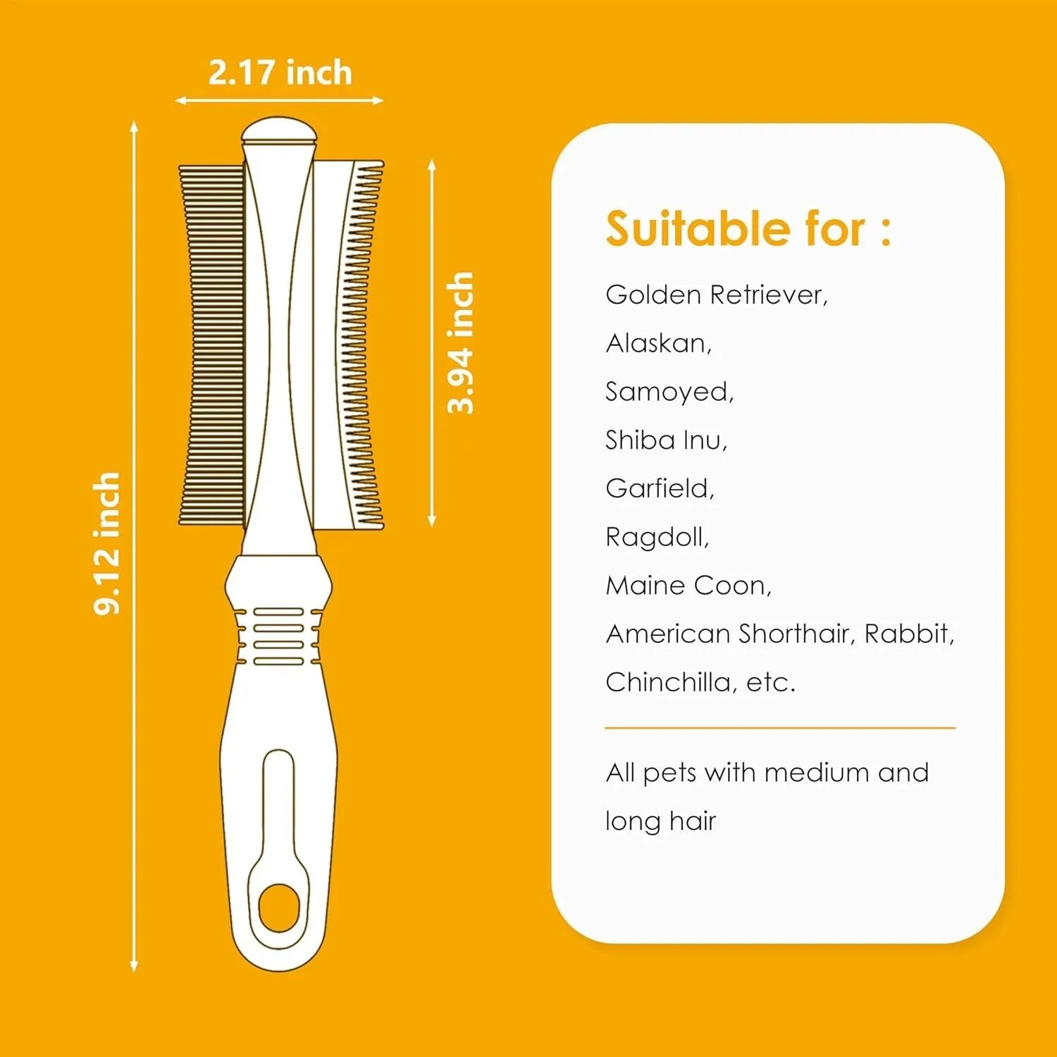 White double-sided dog and cat brush showing comb and deshedding blade with ergonomic handle.