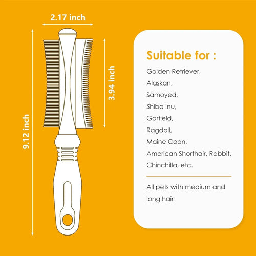White double-sided dog and cat brush showing comb and deshedding blade with ergonomic handle.
